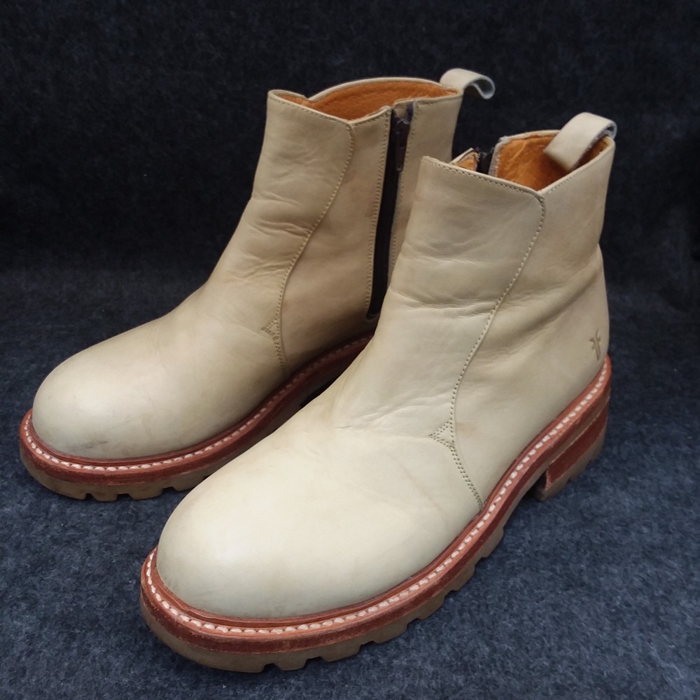 VTG Frye Boots‎ Retro Y2K Mens 9.5 Womens 11 Beige Leather Chunky Heel Lug Sole